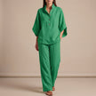 FJØRNA green woven two-piece relaxed shirt and wide-leg trouser set for urban leisure, casual and stylish.