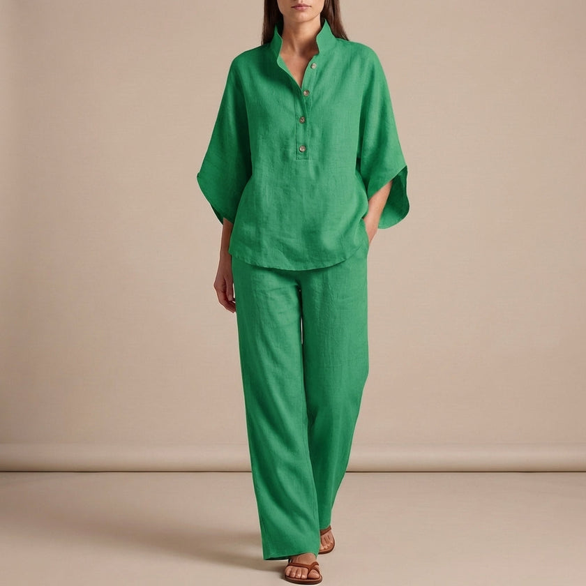 FJØRNA green woven two-piece relaxed shirt and wide-leg trouser set for urban leisure, casual and stylish.