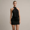 Green FJØRNA halter neck mini dress with draped top and bodycon fit, shown from the front on a white background.