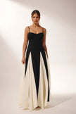 FJØRNA Griselda color block maxi slip dress in black, featuring a flowy silhouette and elegant design, perfect for stylish occasions.