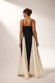FJØRNA Griselda color block maxi slip dress in black with contrasting panels, sleeveless design, and flowing silhouette.