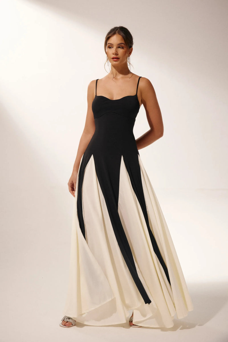 FJØRNA Griselda color block maxi slip dress in black, featuring a flowing silhouette and stylish design, perfect for elegant occasions.