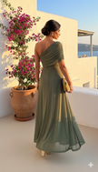 Green flowy summer mini dress for women by FJØRNA, casual style, lightweight fabric, perfect for warm weather.