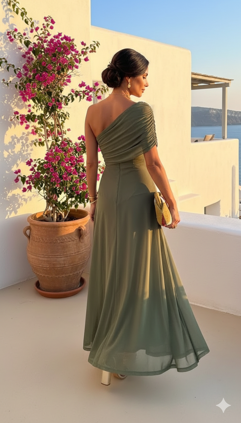 Green flowy summer mini dress for women by FJØRNA, casual style, lightweight fabric, perfect for warm weather.
