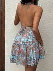 White FJØRNA sundress for women featuring a halter neckline and floral back detail, perfect for summer wear.