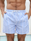 Men's striped swim shorts by FJØRNA, casual beachwear with blue and white stripes, lightweight and comfortable for summer swimming.