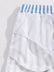 Men's striped swim shorts by FJØRNA, casual men's swimwear for beach and summer, featuring blue and white horizontal stripes.