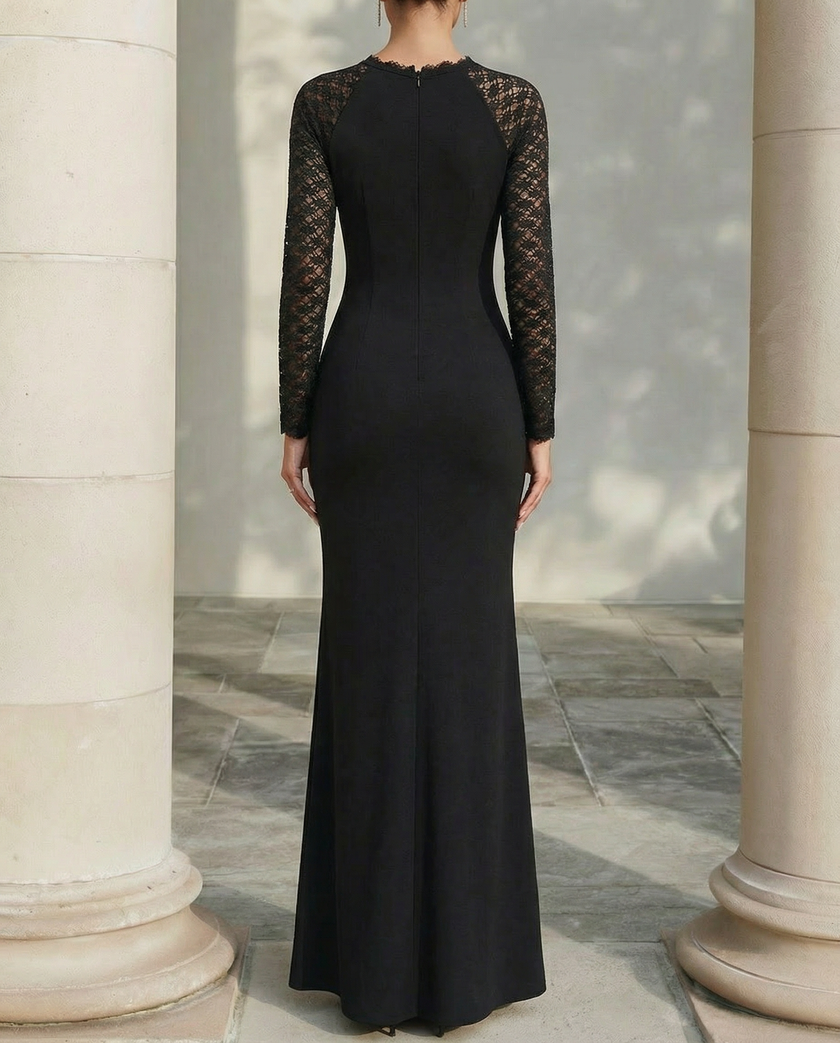 FJØRNA sheer sleeve sculpted floor-length evening dress with fitted bodice and flowing skirt, perfect for formal occasions