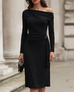 FJØRNA elegant cowl neck midi dress with 3/4 sleeves, fitted bodycon style, showcasing a sleek, stylish women's dress on a model.