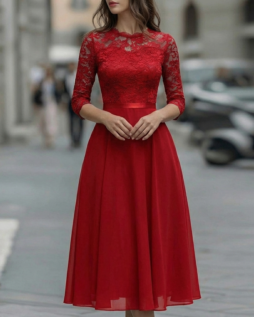 FJØRNA elegant lace bodice dress with soft flowing skirt, perfect for women’s formal occasions and special events.