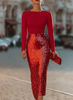 FJØRNA elegant two-tone sequin midi dress for women with sparkly, shimmering fabric and a sophisticated, stylish design.