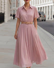 FJØRNA classic belted A-line midi shirt dress for women, featuring a sophisticated silhouette and button-front design.