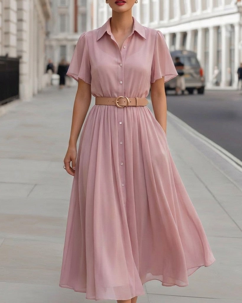 FJØRNA classic belted A-line midi shirt dress for women, featuring a sophisticated silhouette and button-front design.