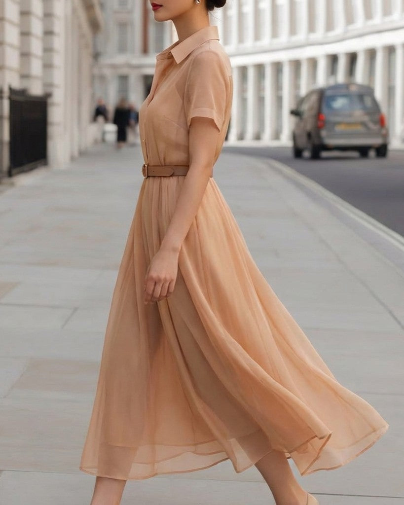 FJØRNA classic belted A-line midi shirt dress for women, featuring a button-up front, collar, and waist belt in a stylish design.