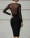FJØRNA sheer mesh long-sleeve sheath midi dress for women, lightweight and stylish with a fitted silhouette and transparent fabric.