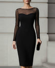 FJØRNA sheer mesh long-sleeve midi sheath dress for women, featuring a fitted silhouette and elegant design.