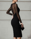 FJØRNA sheer mesh long-sleeve sheath midi dress for women, form-fitting with elegant see-through fabric and classic silhouette.