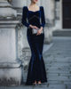 FJØRNA velvet square-neck long-sleeve mermaid dress for women, shown in rich velvet fabric with fitted silhouette and elegant design.