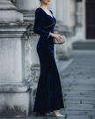 FJØRNA velvet square-neck long-sleeve mermaid dress for women, featuring a fitted silhouette and elegant design.