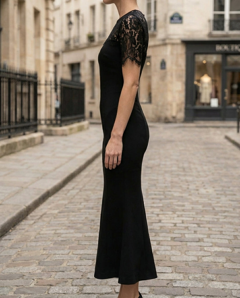 FJØRNA lace sleeve fitted midi dress for women, showcasing elegant lace details and a sleek, form-fitting silhouette.