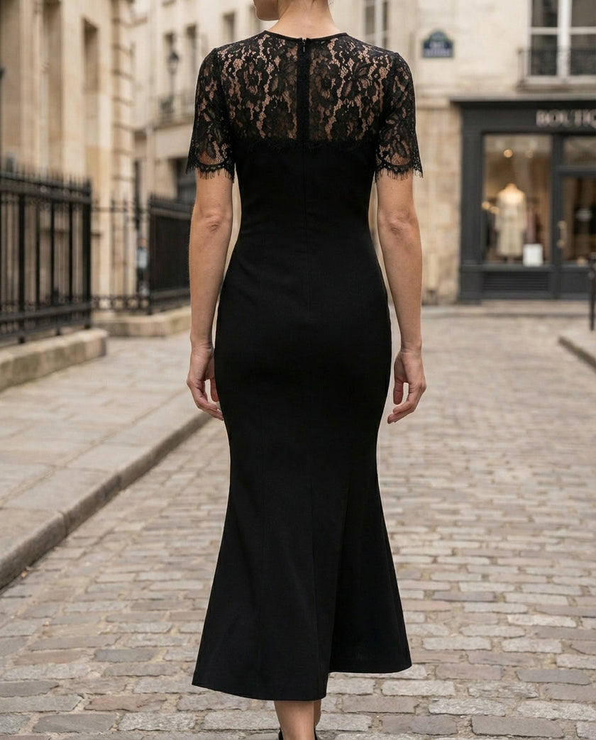 FJØRNA lace sleeve fitted midi dress for women, showcasing a sleek silhouette with delicate lace details on the sleeves.