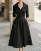 FJØRNA satin midi dress with trench collar, wrap style, waist-defining band, elegant and smooth fabric, perfect for sophisticated occasions