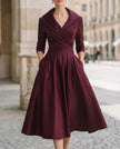 FJØRNA satin midi dress with trench collar, wrap style, waist-defining band, elegant long-sleeve dress for sophisticated look