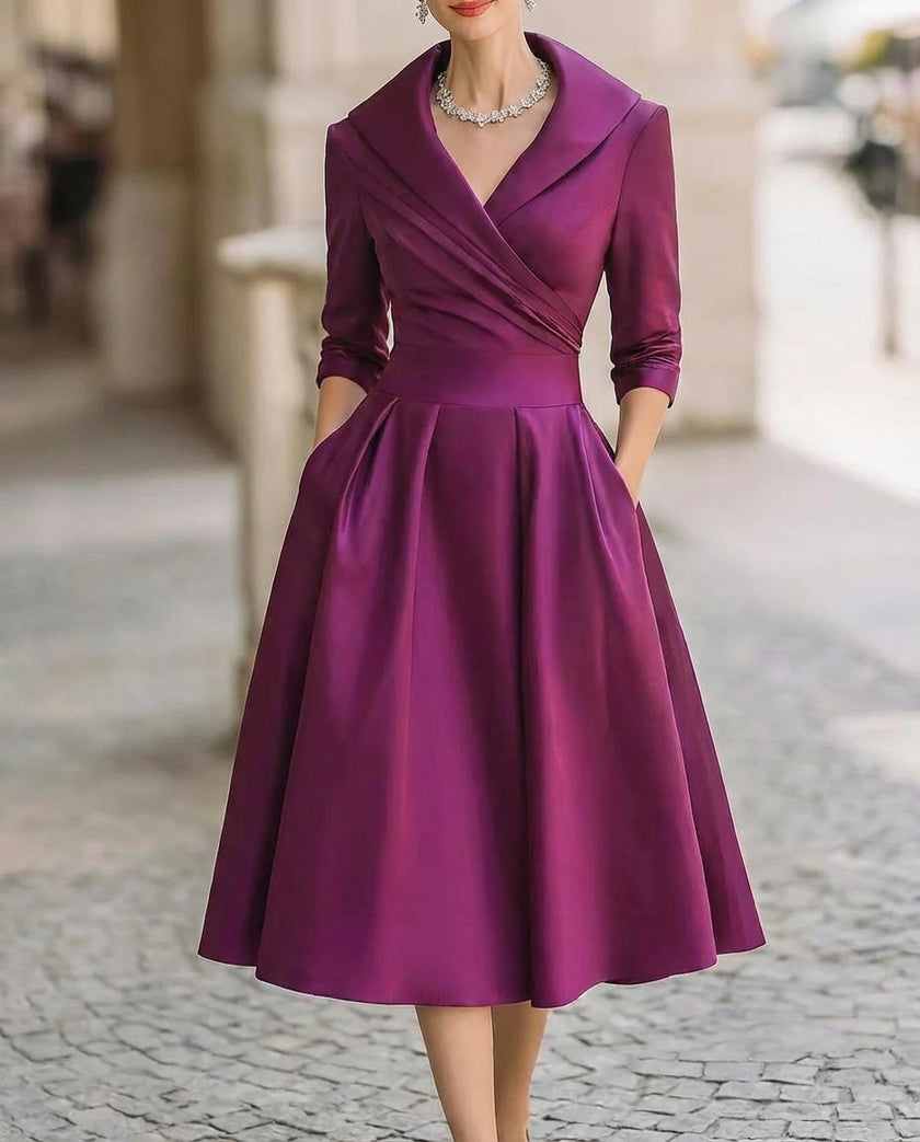 FJØRNA satin midi dress with trench collar, wrap style, waist-defining band, elegant dress for special occasions