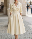 FJØRNA satin midi dress with trench collar, wrap design, waist-defining band, in elegant fabric, perfect for stylish occasions.