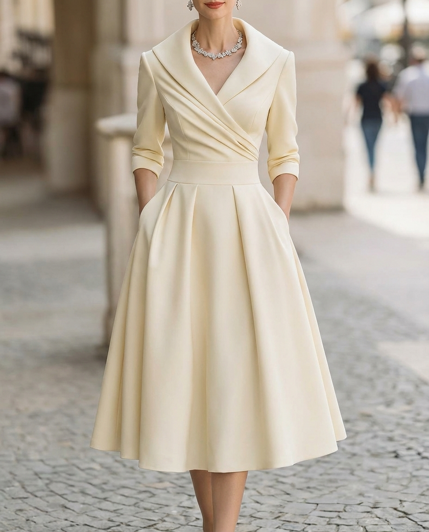 FJØRNA satin midi dress with trench collar, wrap design, waist-defining band, in elegant fabric, perfect for stylish occasions.