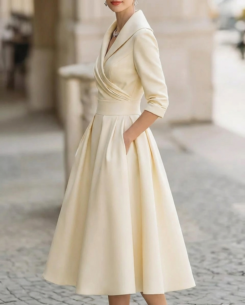 FJØRNA satin midi dress with trench collar, wrap style, waist-defining band, elegant and flowy for sophisticated occasions