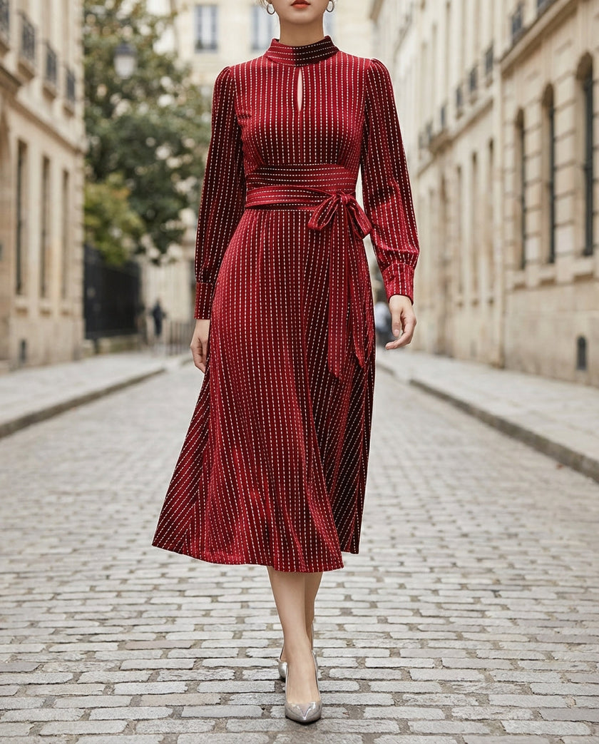 FJØRNA high-neck pinstripe midi dress with structured waist, showcasing elegant silhouette and tailored design for women.