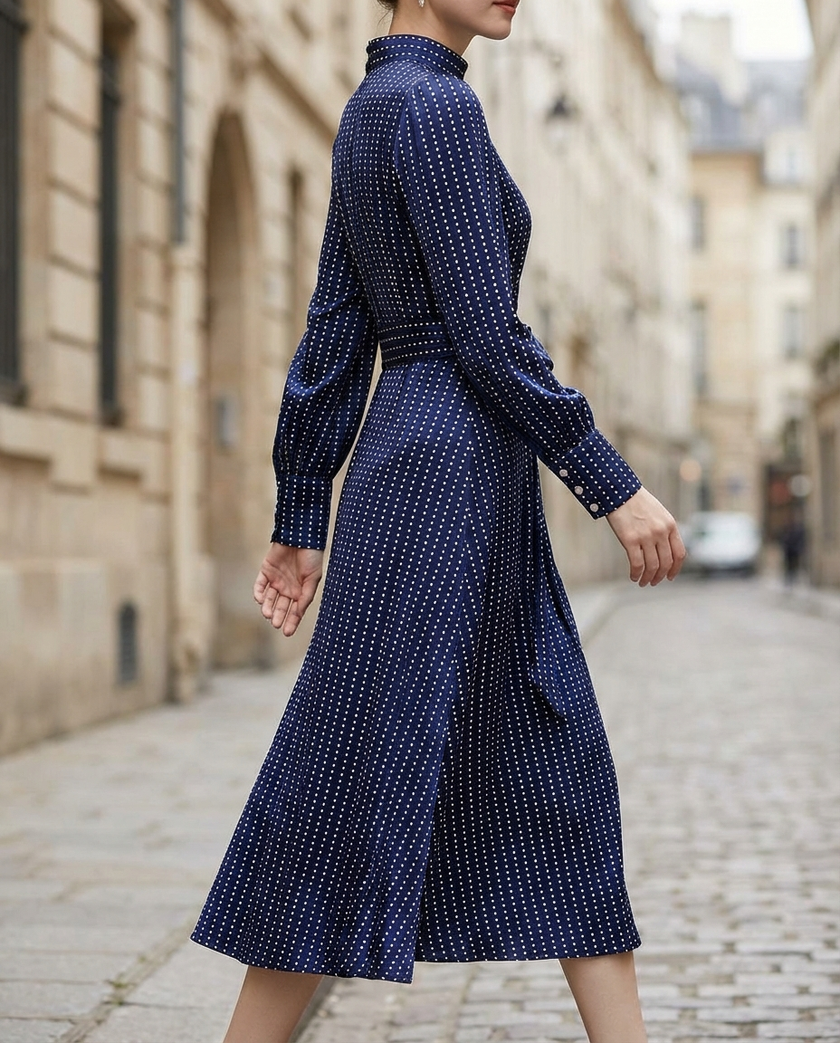 FJØRNA high-neck pinstripe midi dress with structured waist, showcasing a tailored silhouette and classic pattern.