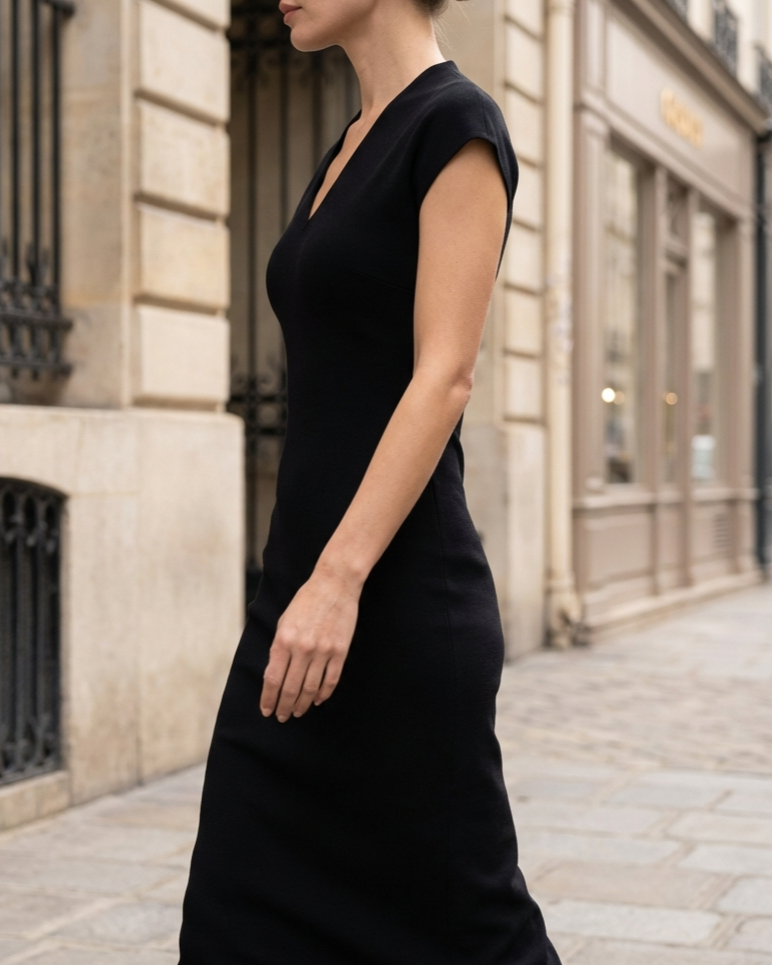 FJØRNA refined v-neck cap-sleeve pencil midi dress for women, showcasing a fitted silhouette and elegant design.