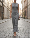 FJØRNA sculpted sleeveless contrast panel evening midi dress for women, with a fitted silhouette and stylish design.