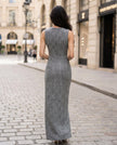 FJØRNA sculpted sleeveless contrast panel evening midi dress, elegant women's dress with fitted silhouette and stylish design.