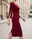 FJØRNA elegant square-neck slit-sleeve midi cocktail dress for women, featuring a stylish design and sophisticated silhouette.