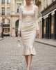 White pearl-trim square-neck mermaid midi dress for women by FJØRNA, showcasing fitted silhouette and elegant design.
