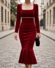 White FJØRNA pearl-trim square-neck mermaid midi dress for women, showcasing a fitted silhouette and elegant design.