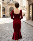 White mermaid midi dress with pearl-trim square neckline by FJØRNA, featuring a fitted silhouette and elegant design.