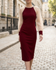 FJØRNA classic sheer sleeve embellished midi dress for women, featuring elegant sheer fabric and decorative embellishments.