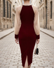 FJØRNA classic sheer sleeve embellished midi dress for women, featuring elegant design and intricate embellishments.