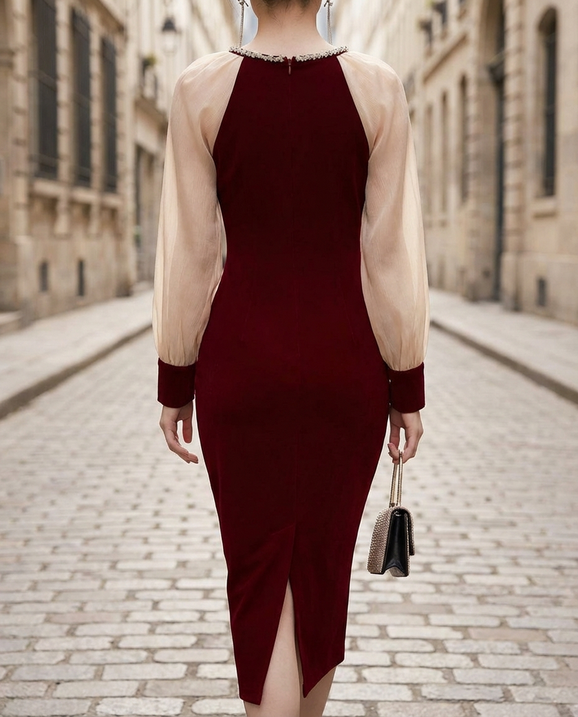 FJØRNA classic sheer sleeve embellished midi dress for women, featuring elegant design and intricate embellishments.