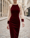 FJØRNA classic sheer sleeve embellished midi dress for women, featuring a fitted silhouette and delicate decorative details.