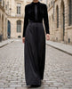 Elegant black velvet and satin midi dress for women by FJØRNA, featuring a sleek, fitted design with a sophisticated drape.