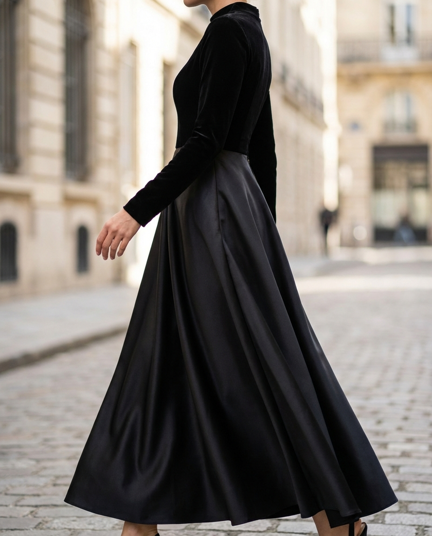FJØRNA elegant black velvet and satin midi dress for women, showcasing a fitted silhouette with a stylish neckline and sleek fabric.