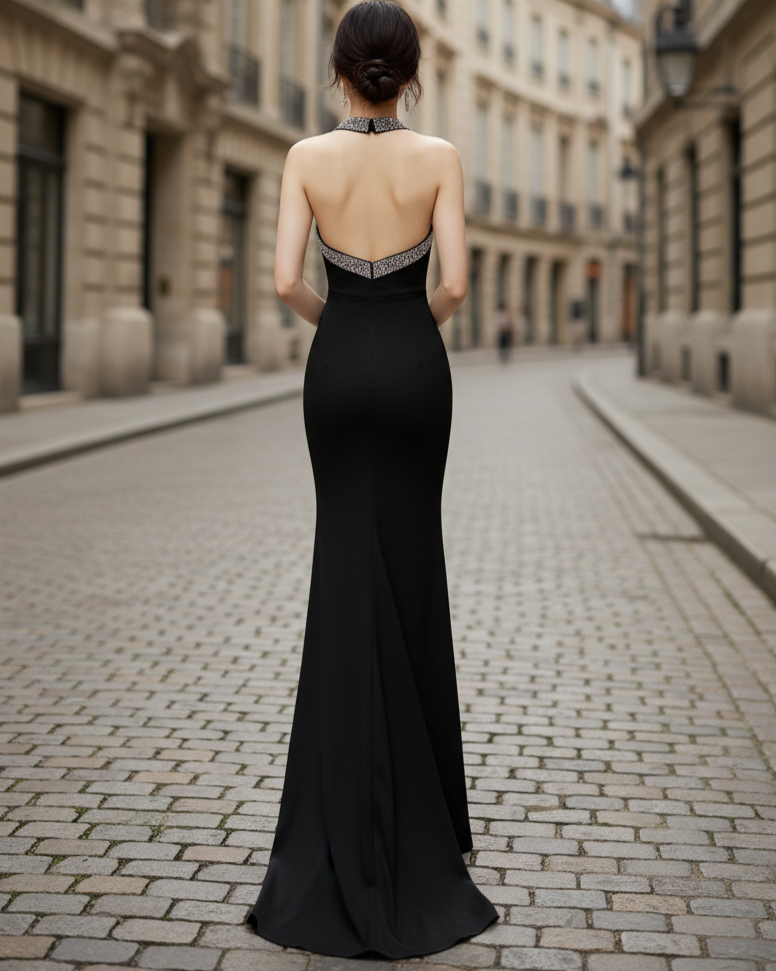 FJØRNA sculpted contrast panel sleeveless evening gown, elegant maxi dress with fitted bodice and flowing skirt.