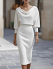 FJØRNA draped cowl neck three-quarter sleeve midi dress for women, showing the elegant, flowing fabric and stylish design.