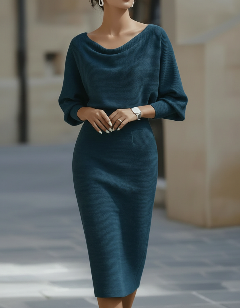 FJØRNA draped cowl neck midi dress for women with three-quarter sleeves, showcasing elegant fabric and flowing silhouette.