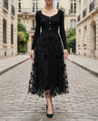 FJØRNA black stretch knit dress with 3D floral embroidered mesh overskirt, elegant floral dress for stylish occasions